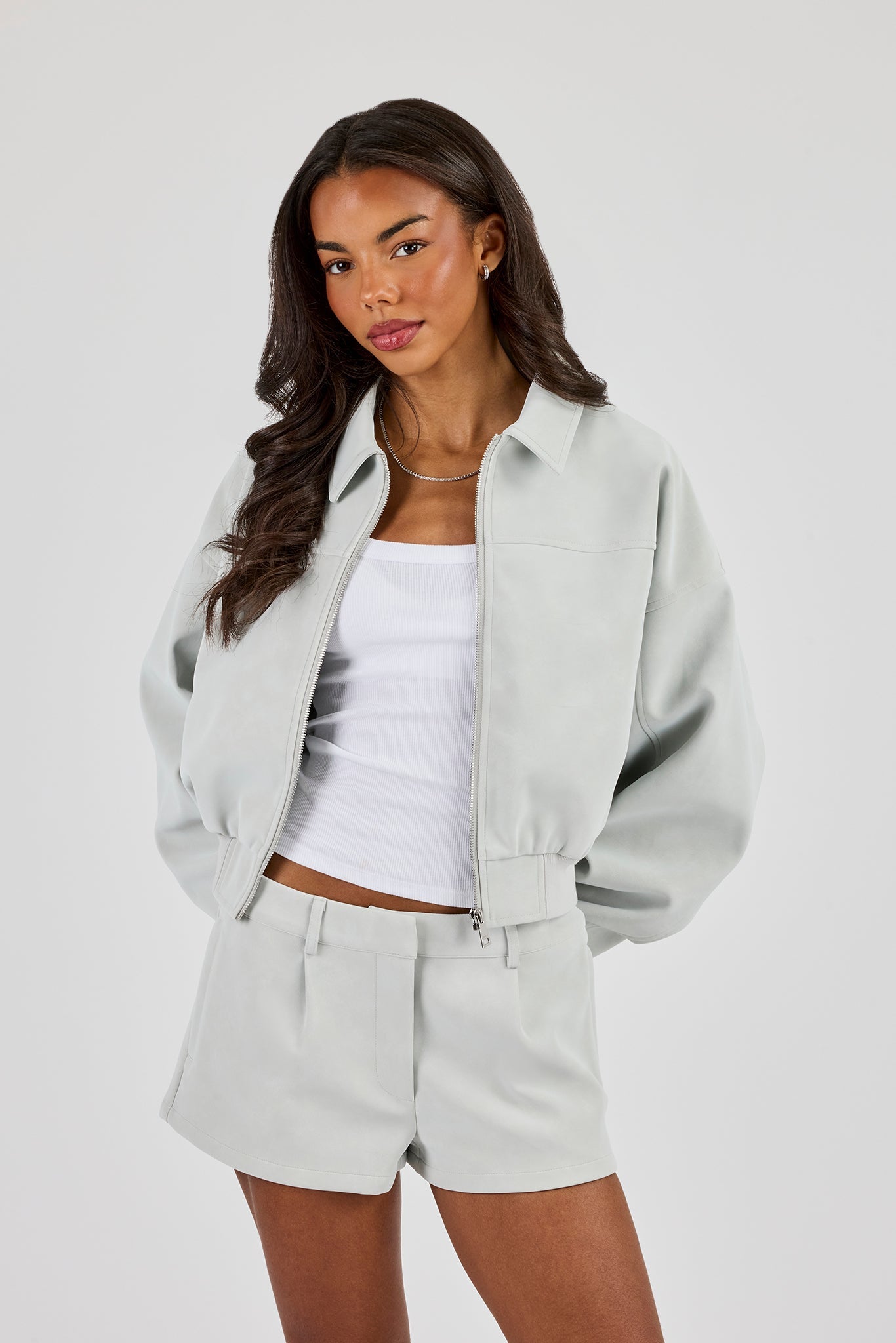 Suede Collared Bomber - Light Blue